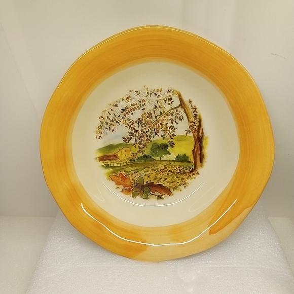 CERAMICHE TADINATE 10" Pasta Soup Salad Bowl Peach Rim Autumn Italy Farm Scene - Picture 7 of 14